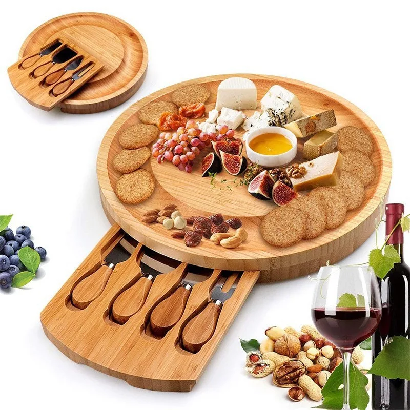 Bamboo Cheese Board Set with Tableware Kitchen Cooking Tools Portable Outdoor Dinner Plates Bamboo Cutting Board Tray Set