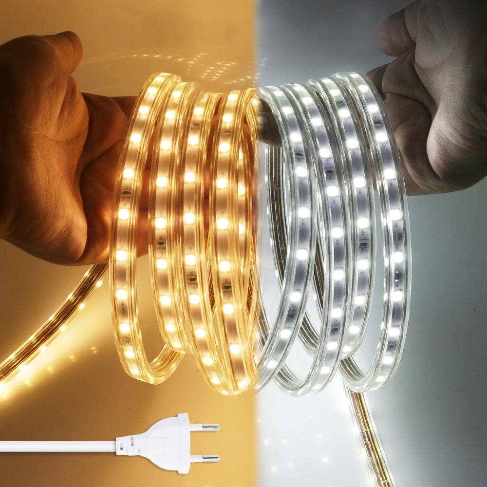 

AC 220V 5050 LED Strip Light Waterproof 60LED/m Flexible LED Ribbon Tape Lamp String with EU Power Plug Home Decoration