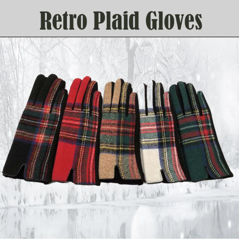 Women Warm Full Finger Gloves Retro Plaid Gloves Autumn and Winter Fashion Versatile Gothic Lolita Touch Screen Girl Gift