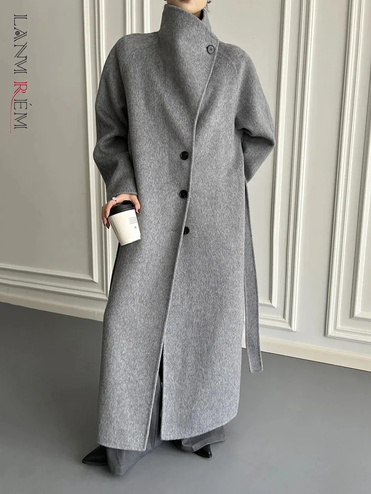 

[LANMREM] Gray Luxury 100% Wool Coats For Women Stand Neck Lace-up Gathered Waist Thick Warm Outwear 2023 Winter New 26D7014