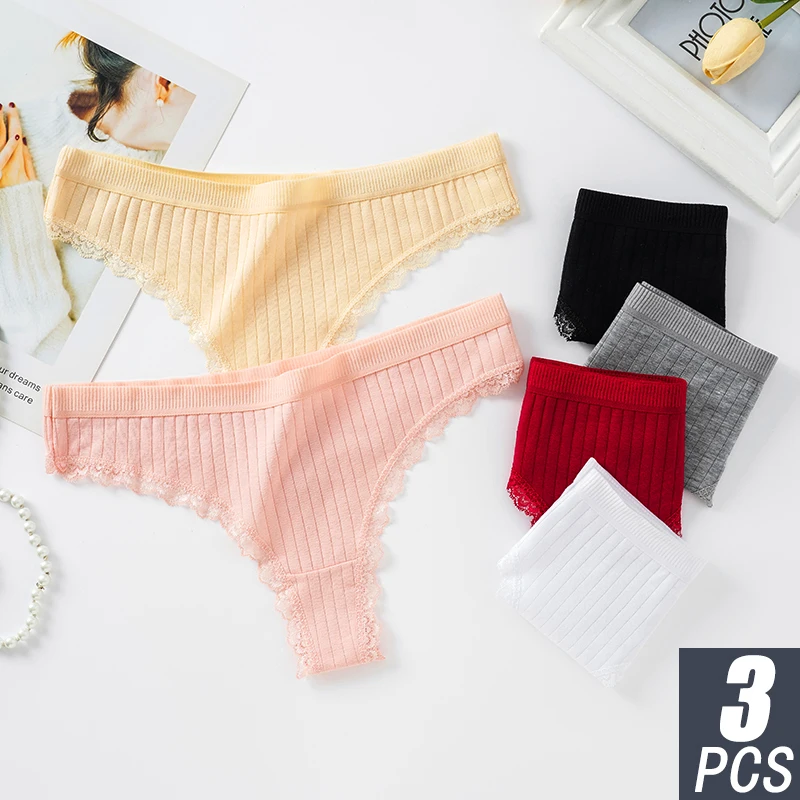 

3pcs GK Brand 2023 New Arrive Ladies Underwear Simple Temperament Women Lace Striped Thongs G-string Elastic Lingerie Gift