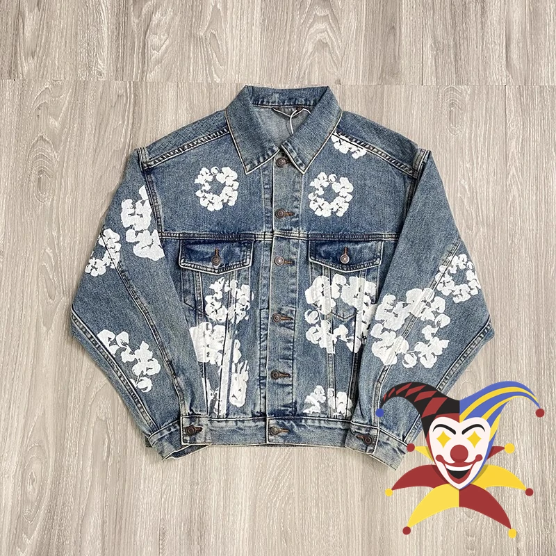 

Washed Blue Kapok Printing Denim Jeans Jacket Men Women Blue Unisex Kanye Jackets Coat