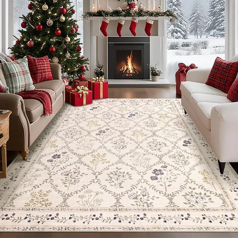 Country Living Room Carpet Floral Diamond Design Bedroom Design Soft Rug Foldable Machine Washable Non-slip Cloackroom Mat Tapis