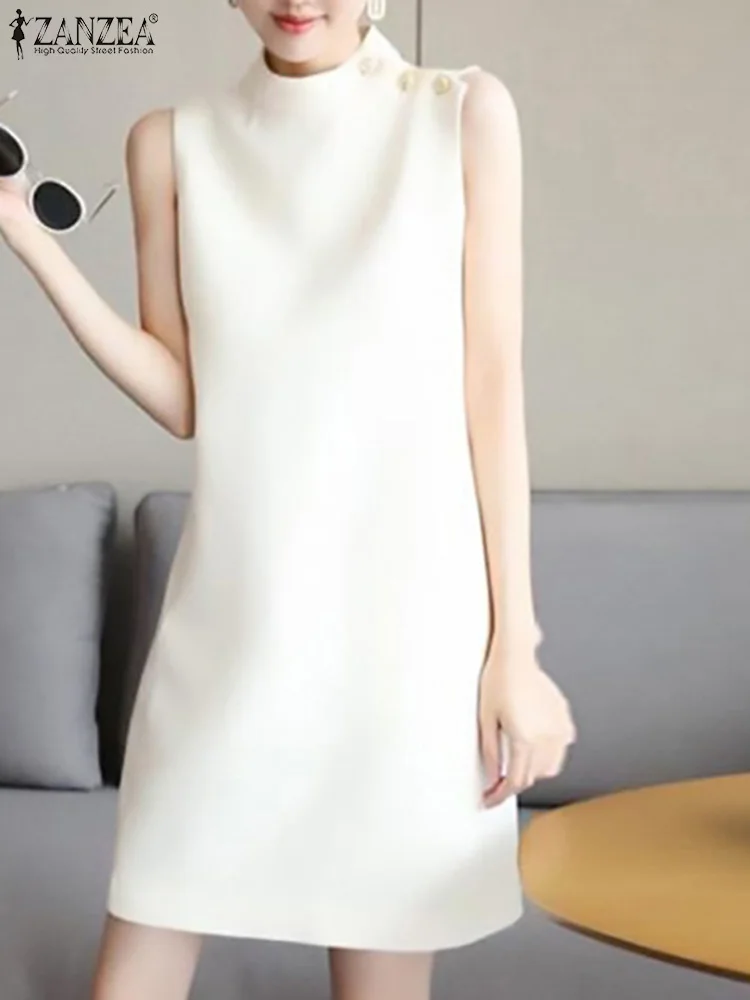 

Summer Sleeveless Solid Knee-length Dress 2024 ZANZEA Elegant Women OL Work Sundress Fashion Casual Stand Collar Party Vestido