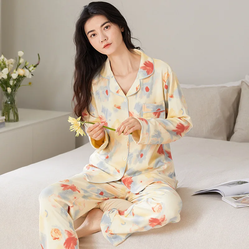 Spring Autumn Women's Pure Cotton Pajamas Lapel Long Sleeve Cardigan Pants Loose Fit Home Clothing Set Sweet Cute Sleepwear