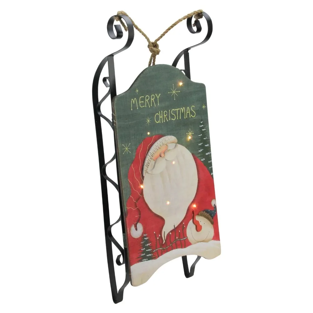 

19.5" Hanging Wooden and Metal Santa Claus LED Decorative Christmas Sleigh