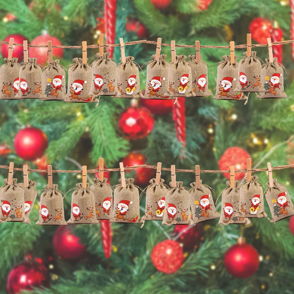 24pcs/set DIY Christmas Advent Calendar Gift Bags 24 Days Christmas Advent Calendar Bags Cloth 24 Days Countdown Set Candy Bag