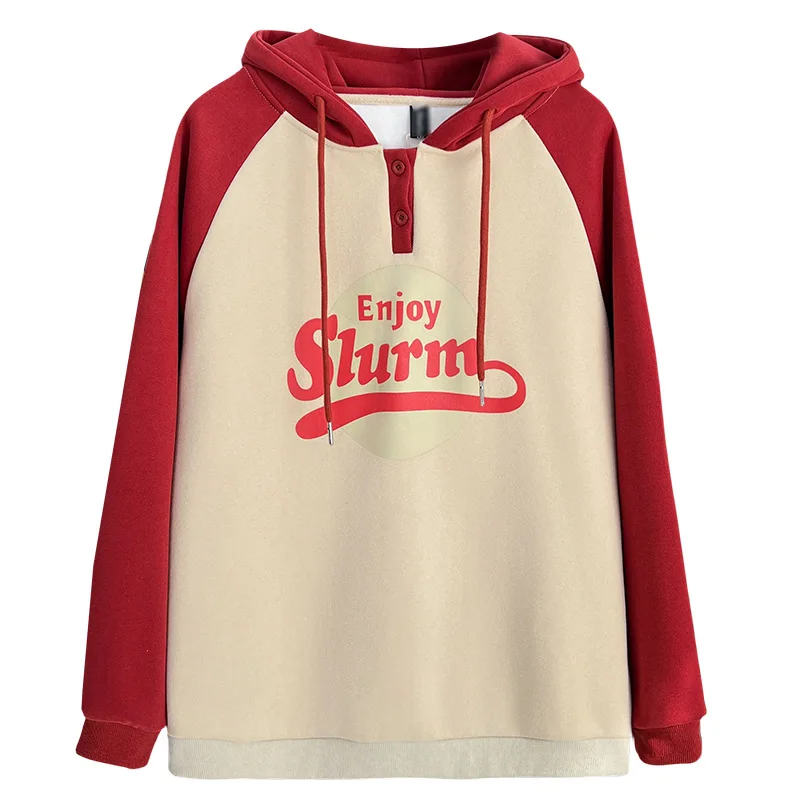 

100KG Winter Loose Hooded Sweatshirt Fashion Fleece-lined Block Color Raglan Sleeves Printed Hoodie Plus Size Women's Warm Top