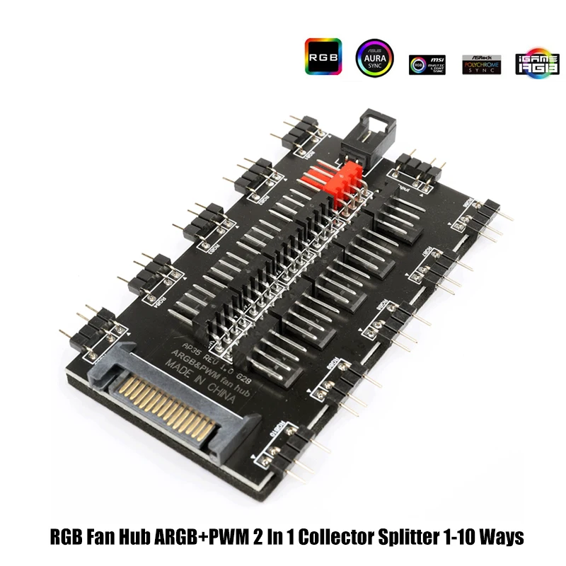 RGB 팬 허브 ARGB PWM 컬렉터 2 in 1 분배기, 2X 10방향 M/B 5V AURA SYNC, SATA 전원 커넥터