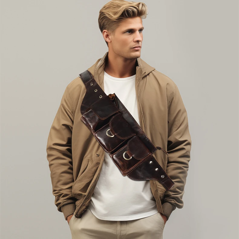 Retro Men's Leather Waist Bag Large Capacity Crossbody Chest Bag Motorcycle Cowhide Phone Bags