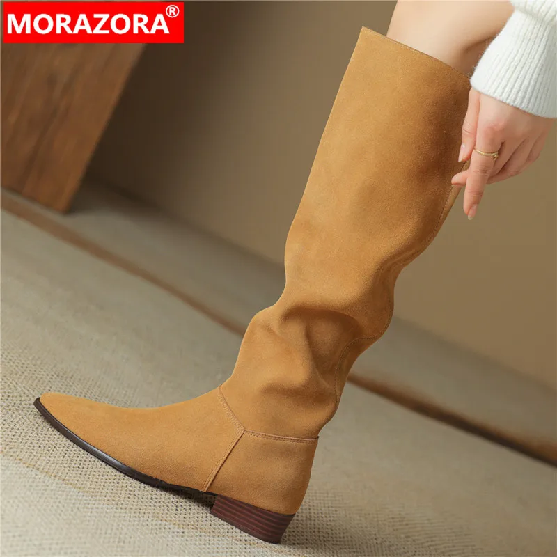 

MORAZORA 2024 New Cow Suede Leather Over The Knee Boots Cool Female Slip On Winter Boots Square Med Heels Women Shoes