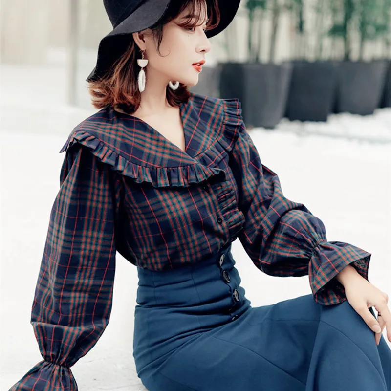 TIYIHAILEY Free Shipping Fashion Vintage Plaid Cotton Lantern Full Sleeve Spring And Autumn Women Shirt Tops Turn Down Collar