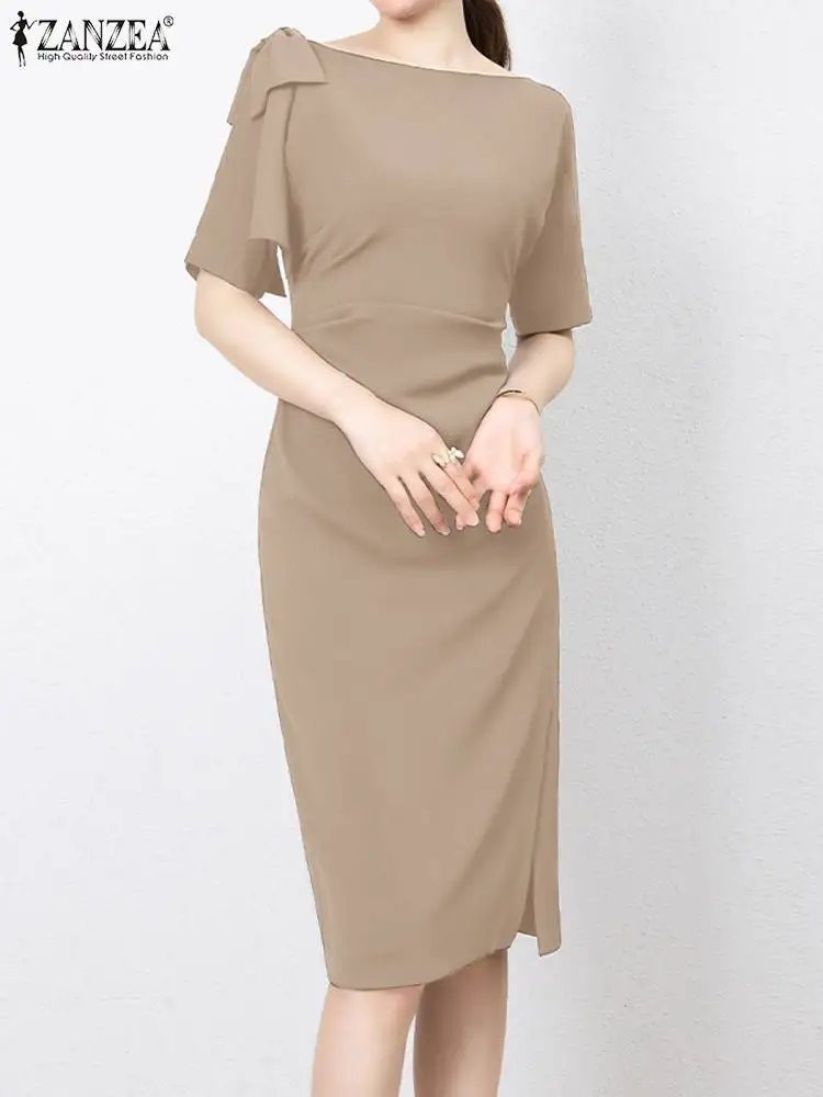 

ZANZEA Fashion Summer Office Lady Work Dress Women Elegant Solid OL Mid-calf Vestido Boat Neck Half Sleeve Bodycorn Sundress