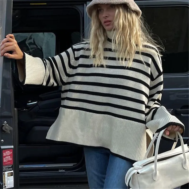 

Oversize Loose Striped Sweater Women Long Sleeve TurtleNeck Casual Knitted Pullover Femme Chic Tops Chandails Jumper Outwear