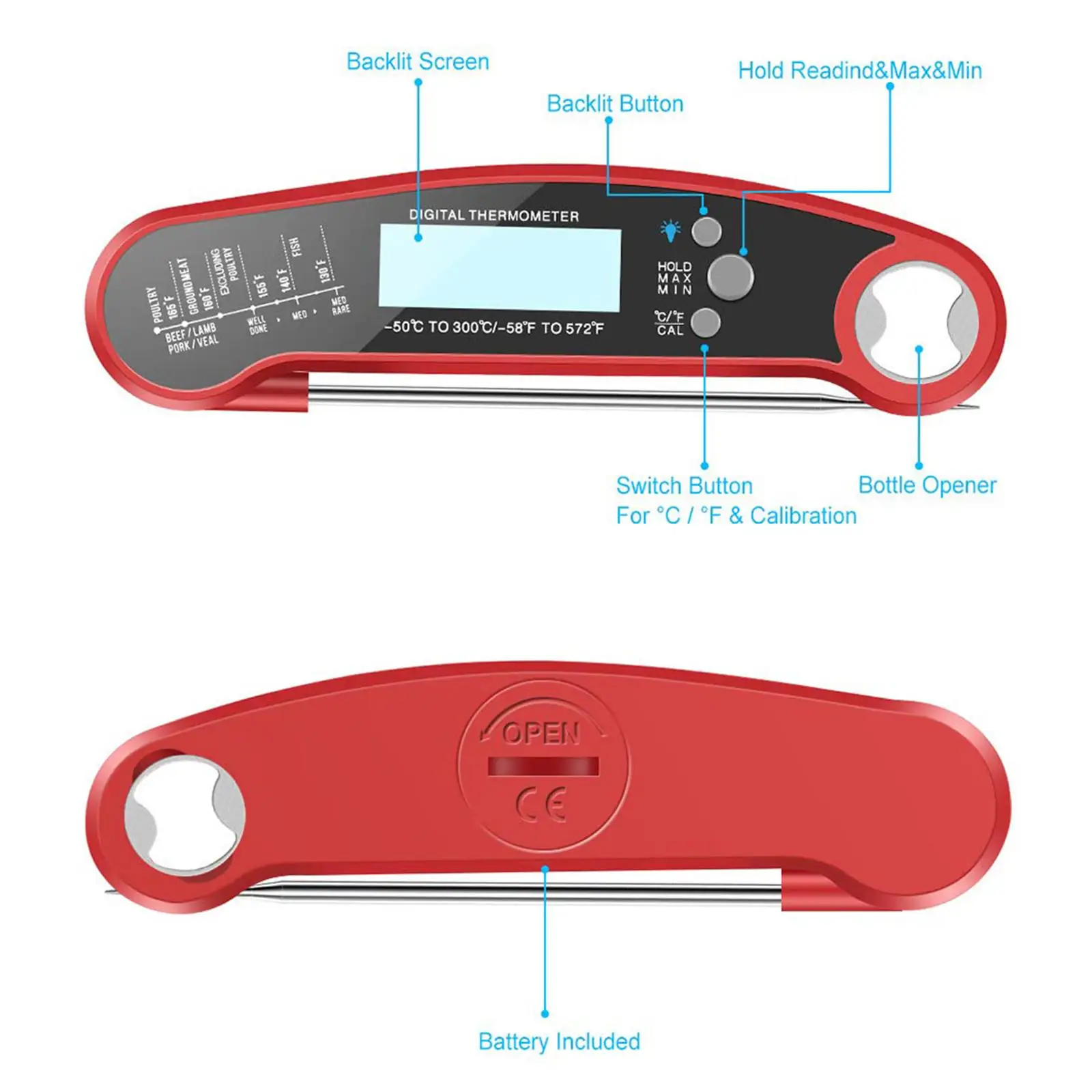 Food Thermometer Fast LCD Backlight Meat Thermometers for BBQ Baking