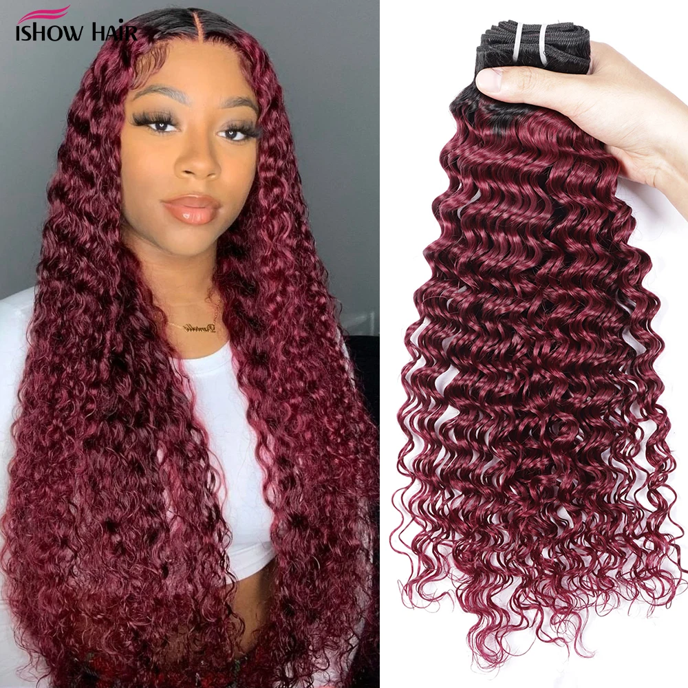 

1B 99J Deep Wave Human Hair Bundles Ombre Burgundy Human Hair Bundles Brazilian Remy Hair Weave Extensions 1/3/4 PCS 8-30 Inch