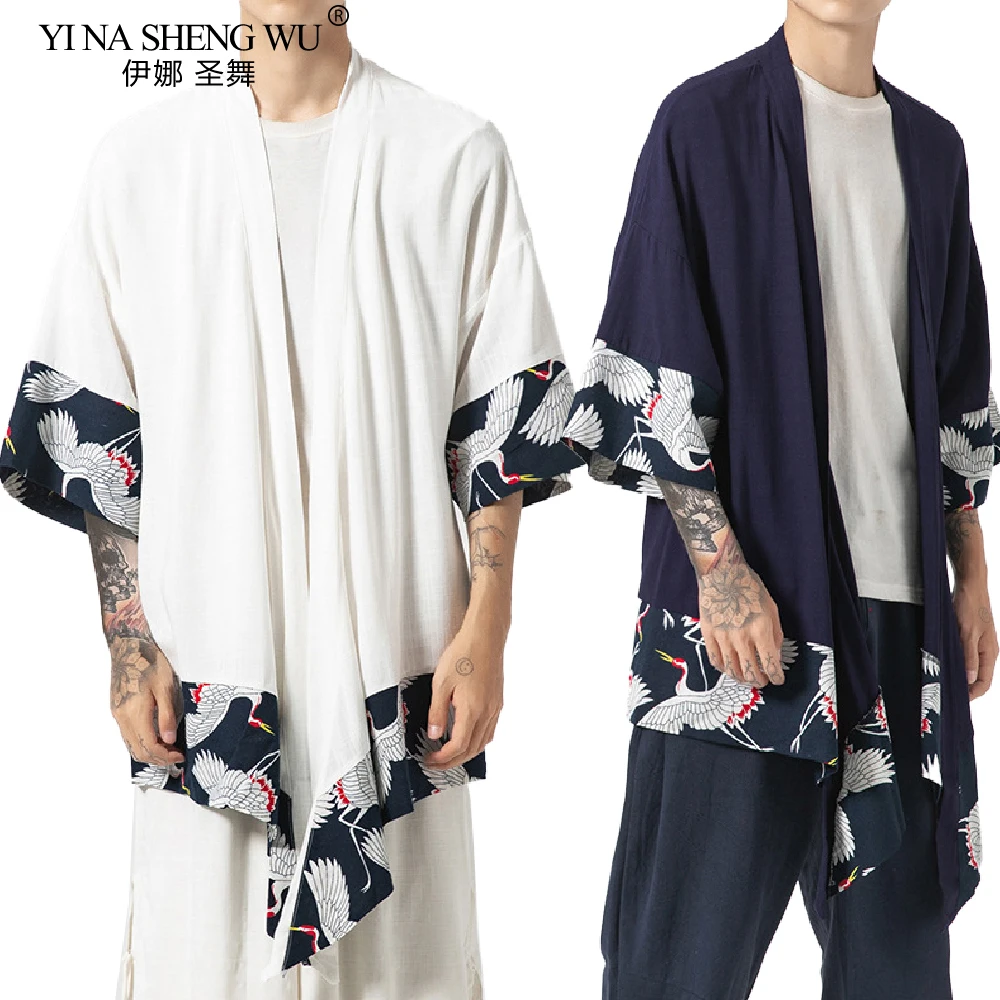 Japanese Kimono Cardigan Men Haori Yukata Samurai Costume Jacket Long Shirt