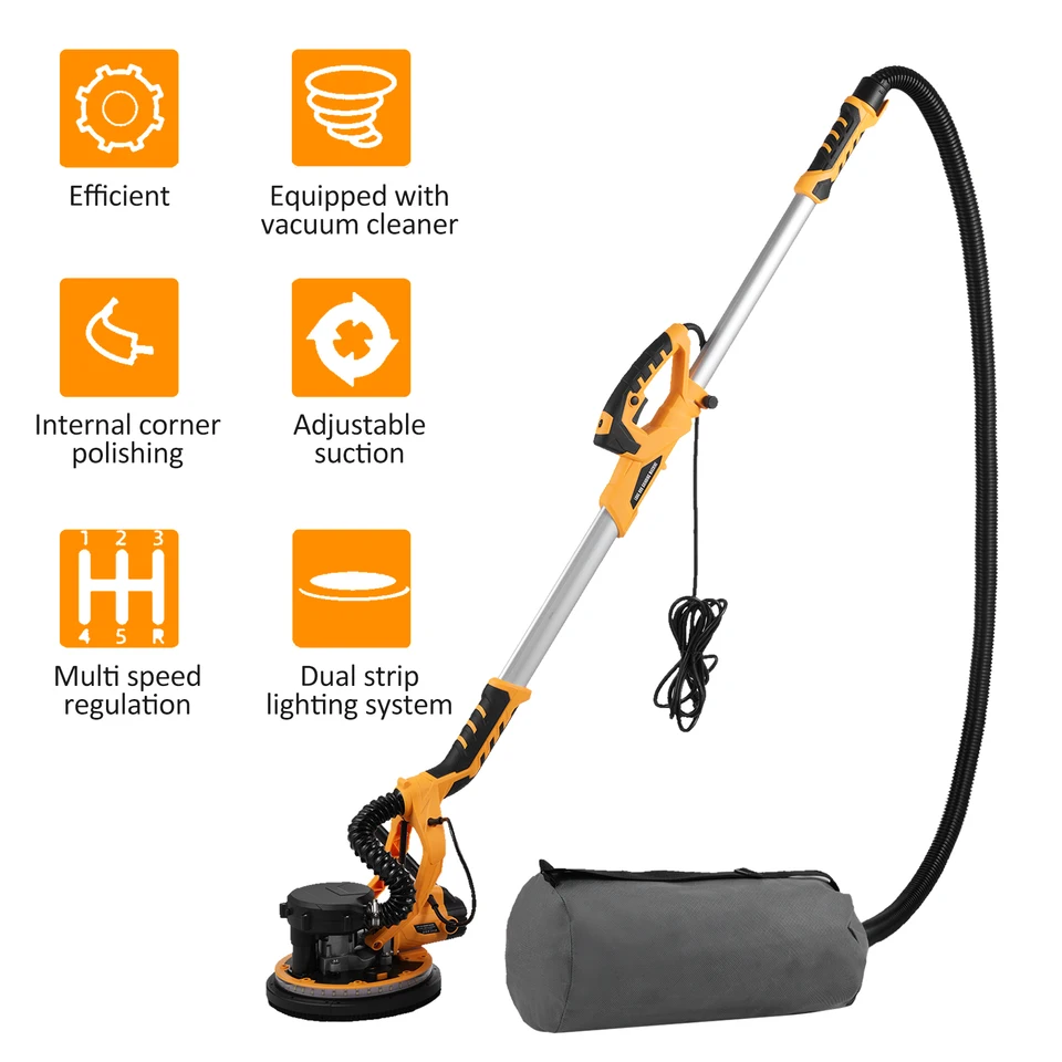 Ponceuse à Cloison Sèche, Ponceuse électrique 1800 W Avec Disques De Ponçage, 5 Ponceuses Murales à Vitesse Variable 700-2100 TR/Min Avec Poignée Extensible, Lumière LED, Tuyau à Poussière Long, Pro