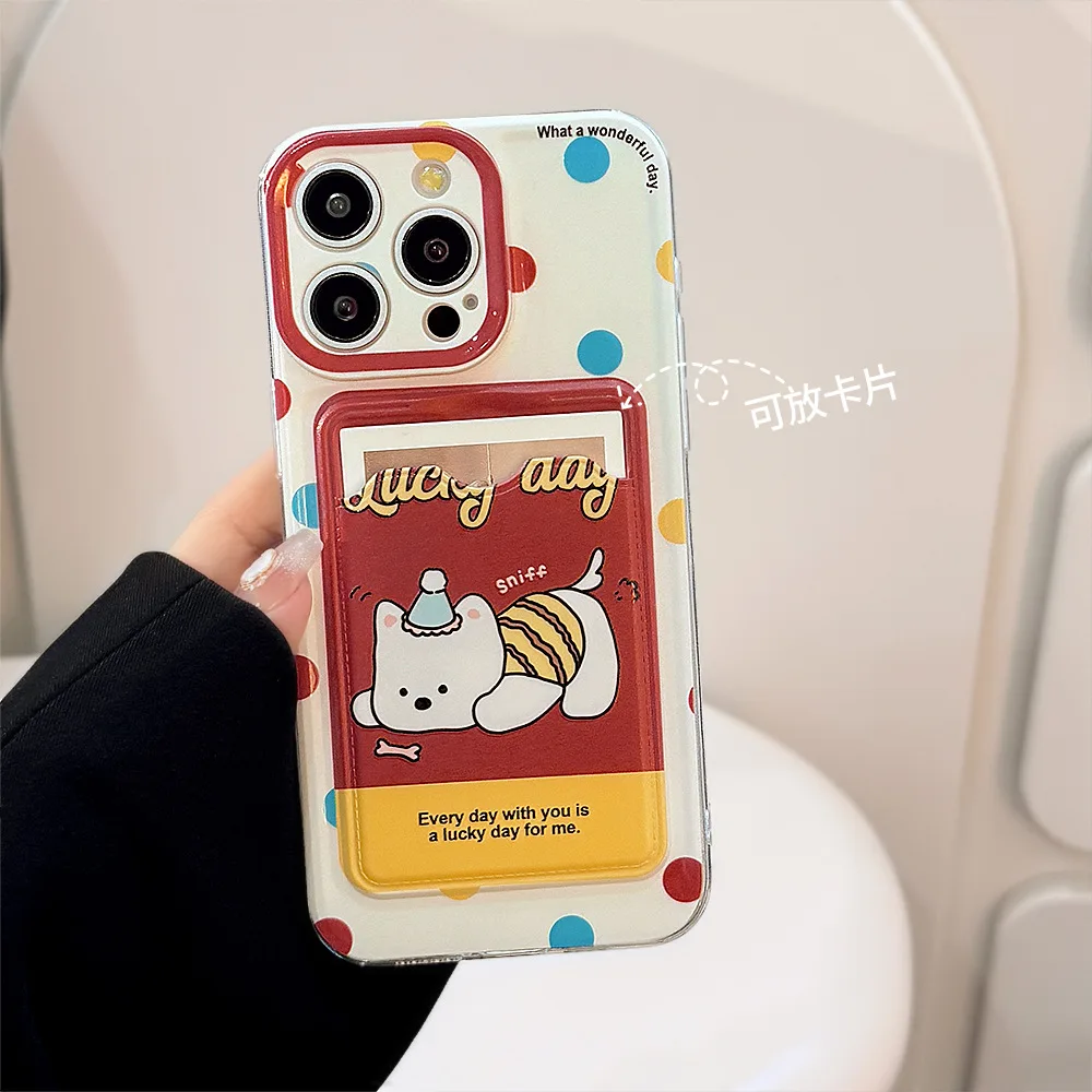 Chic Polka Dot Phone Case with Puppy Stand & Lanyard