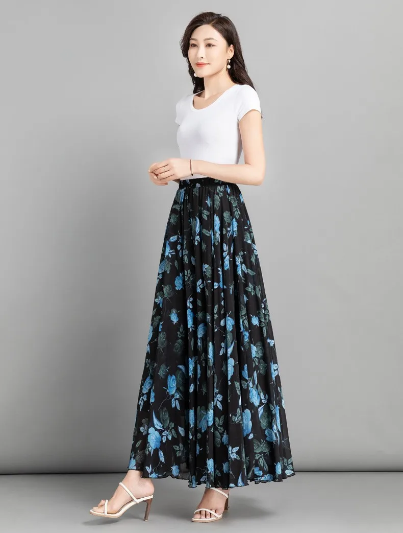 Custom made Flower print chiffon long skirt Full linning Female Vintage Elegant Maxi Skirts pleated Skirt Plus size