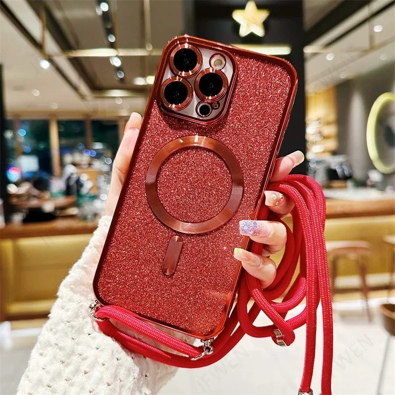 Sparkling Crossbody Lanyard Magnetic Phone Case with Electroplated Soft TPU Back Cover