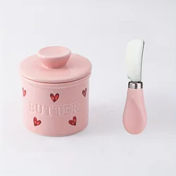 Elegant Pink Ceramic Butter Crock with Lid & Knife (Heart Knife style)