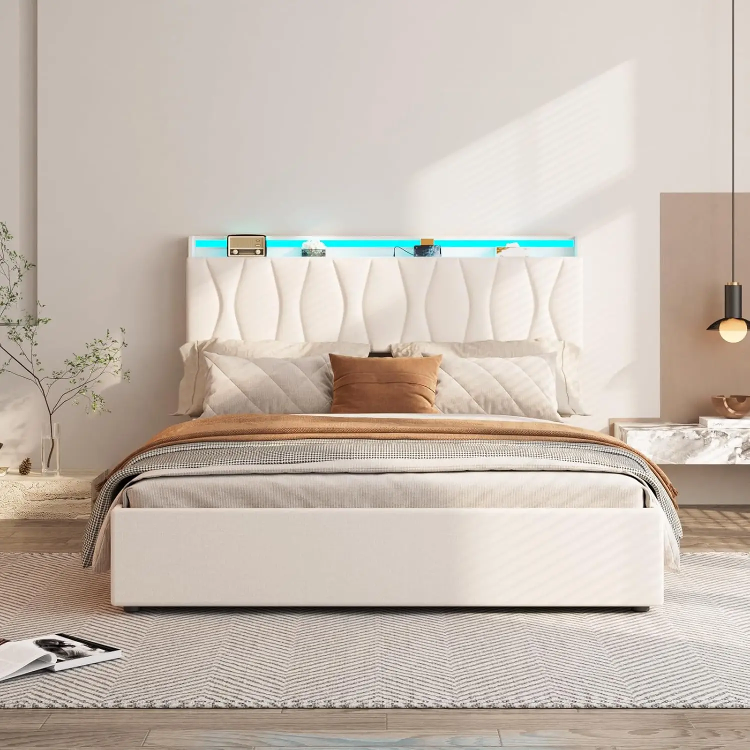 King Size Lift Up Storage Bed Frame, Height Adjustable Storage Headboard with Charging Station, LED Lights Upholstered Platform 3