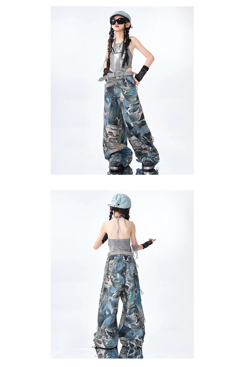 Hip hop girls’ silver vest and blue pants dance outfit for kids' street jazz performance. blue 4578