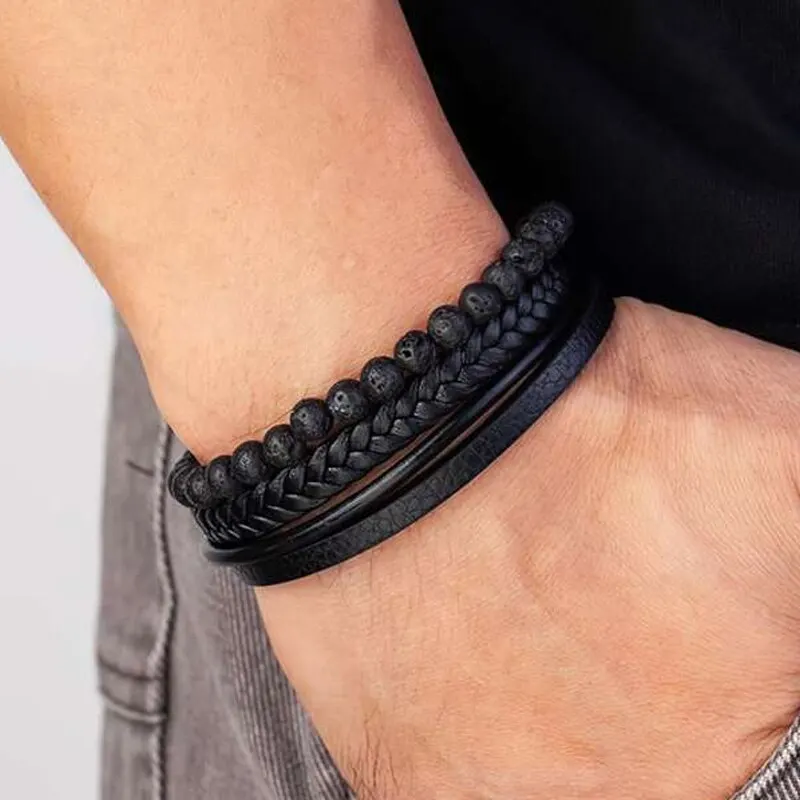 Beaded Bracelet Stone Bracelet Leather Bracelet Leather Bangle Stainless Steel Bangle Fashion Volcanic Stone Beaded Bracelet Mutilayer Braided Leather Bracelet For Men Stainless Steel Magnetic Bangle Jewelry Gift