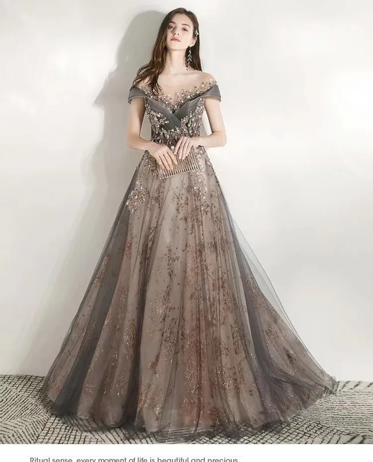 Luxury Prom Dress Off Shoulder A-Line Beading Exquisite Sequins Illusion Scoop Neck Gray Spray Gold Tulle Ceremony Evening Gowns burgundy prom dresses