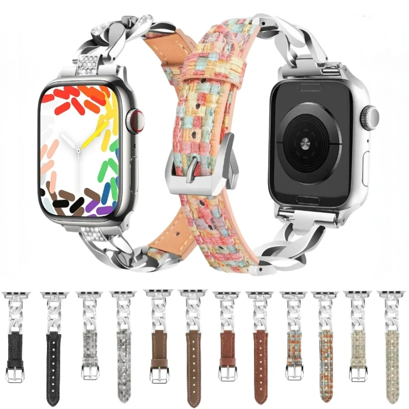 

Metal+Leaher Strap for Apple Watch Band Ultra 49mm 9 8 7 45mm 41mm Diamond Bracelet Wristband for IWatch SE 5 6 4 44mm 42mm 40mm