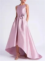 Customized High Low Satin Mother Of The Bride Dresses Pink Satin Wedding Guest Dresses With Pocket Sleeveless Party Evening Gown 1