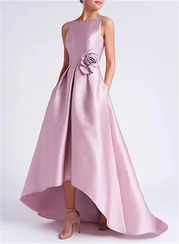 Customized High Low Satin Mother Of The Bride Dresses Pink Satin Wedding Guest Dresses With Pocket Sleeveless Party Evening Gown 1