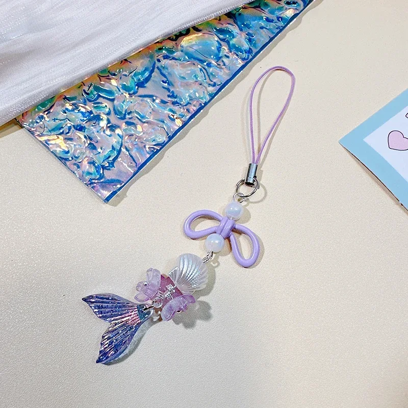 Sweet Mermaid Acrylic Phone Chains Cute Pearl Bowknot  Keychain Girls Women Car Bag Pendants Jewelry Accessories