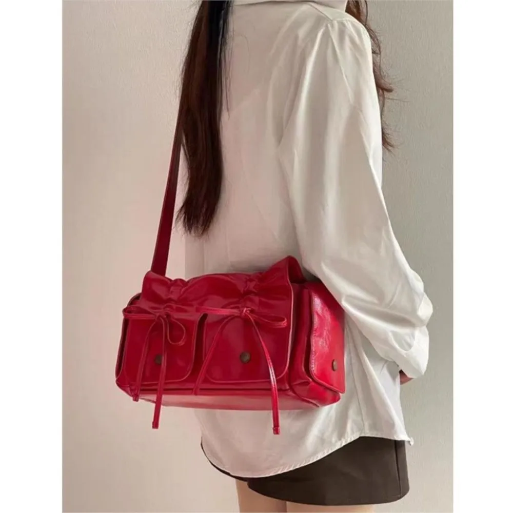 JIAERDI Sweet Cool Bow Shoulder Bags Women New Vintage Soft Leather Pocket Y2k Bag Purses Female Retro Black Handbag Aesthetic