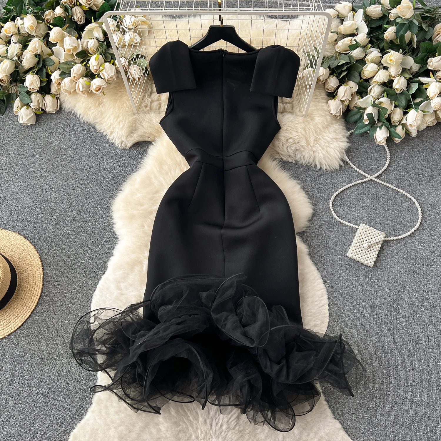 Women Evening Vestidos De Mujer Mesh Patchwork Rruffles Bow Female Black Dresses Ladies High Waist Sheath Sexy Dress Dropship