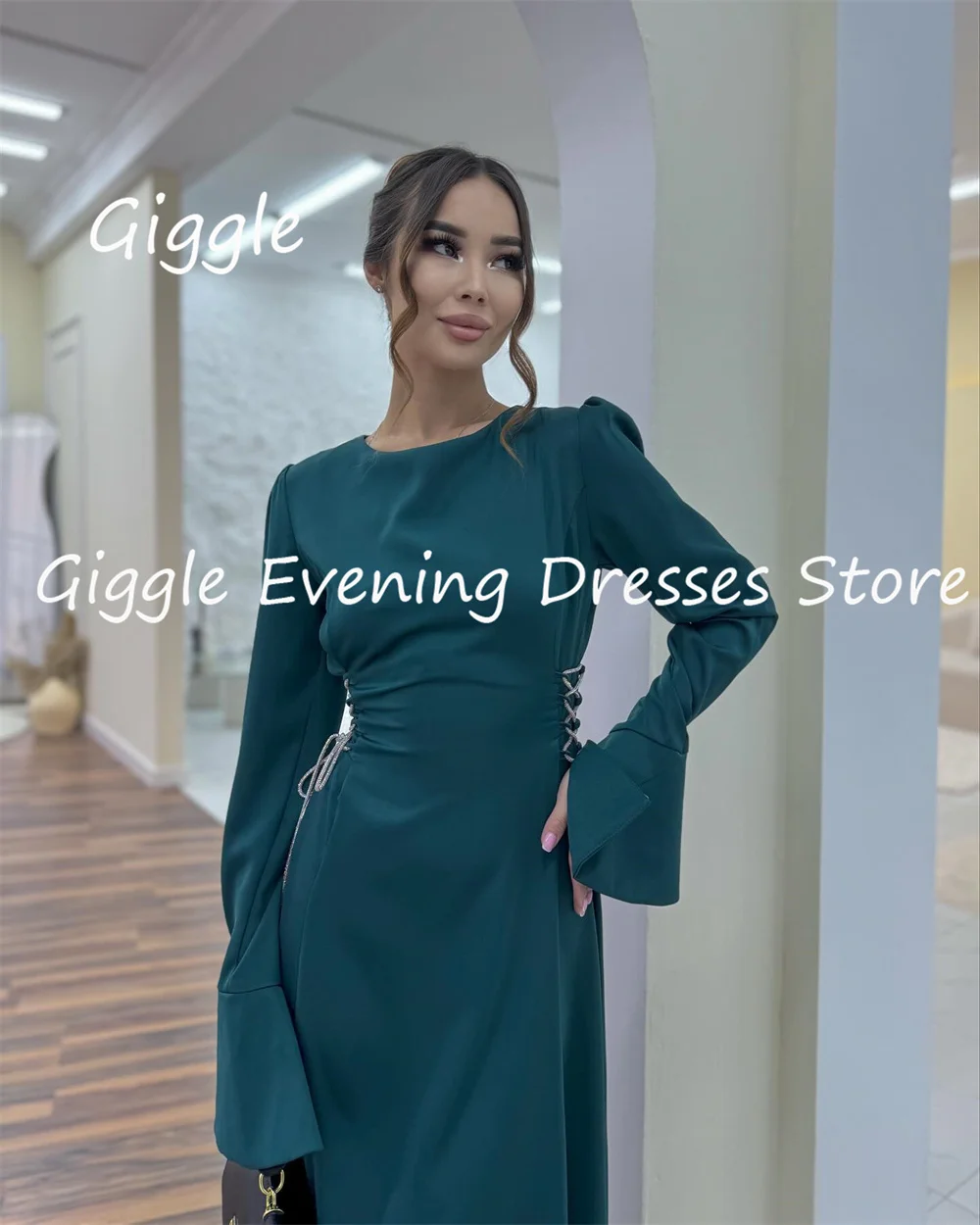 Giggle Satin A-line O-neck Long Sleeves Formal Elegant Prom Gown Ankle-length luxury Evening Party Dresses for Women 2023