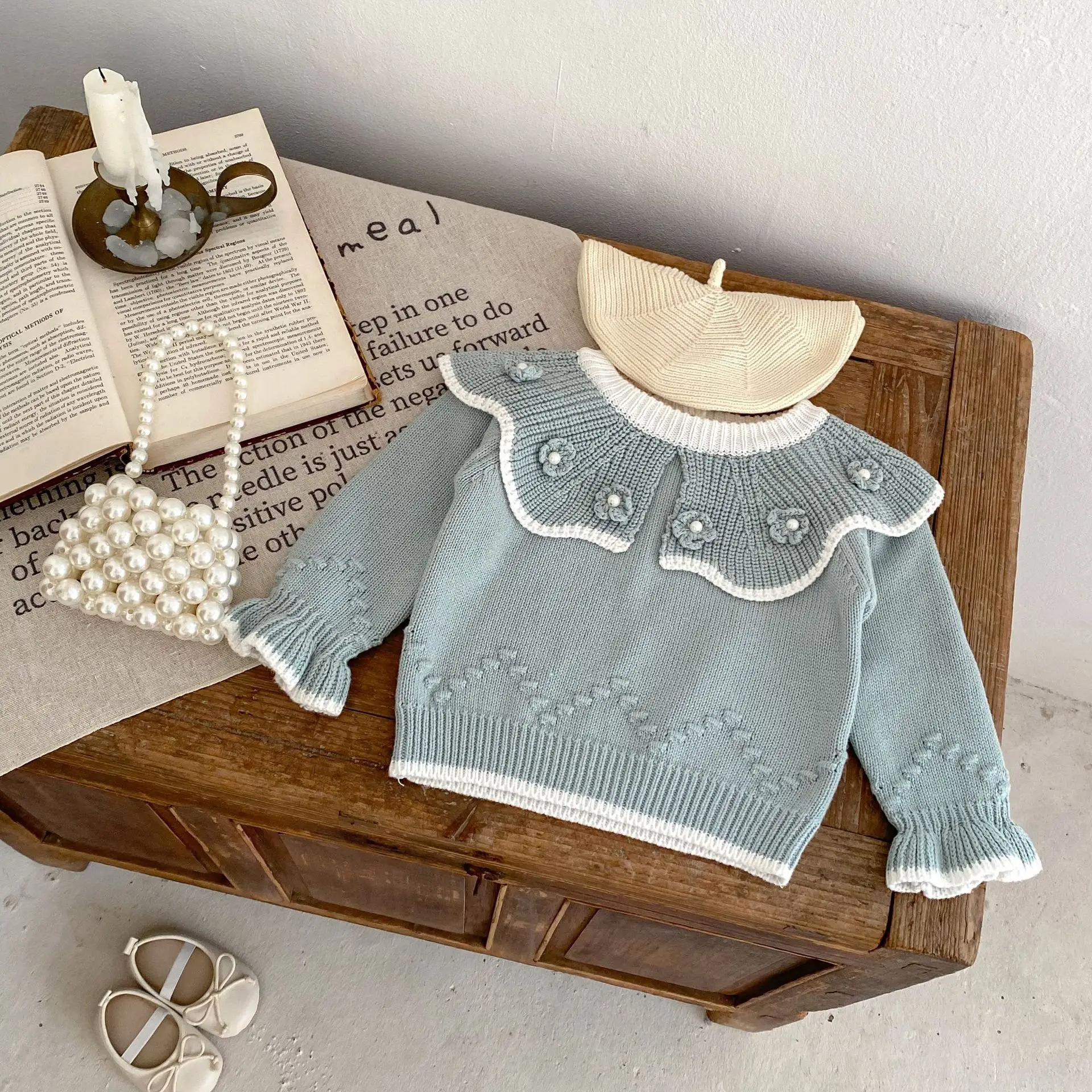 Baby Girls Sweater Spring And Autumn Girl Baby Fashion Versatile Handmade Ball Ball Lotus Collar Pullover Sweater Knit