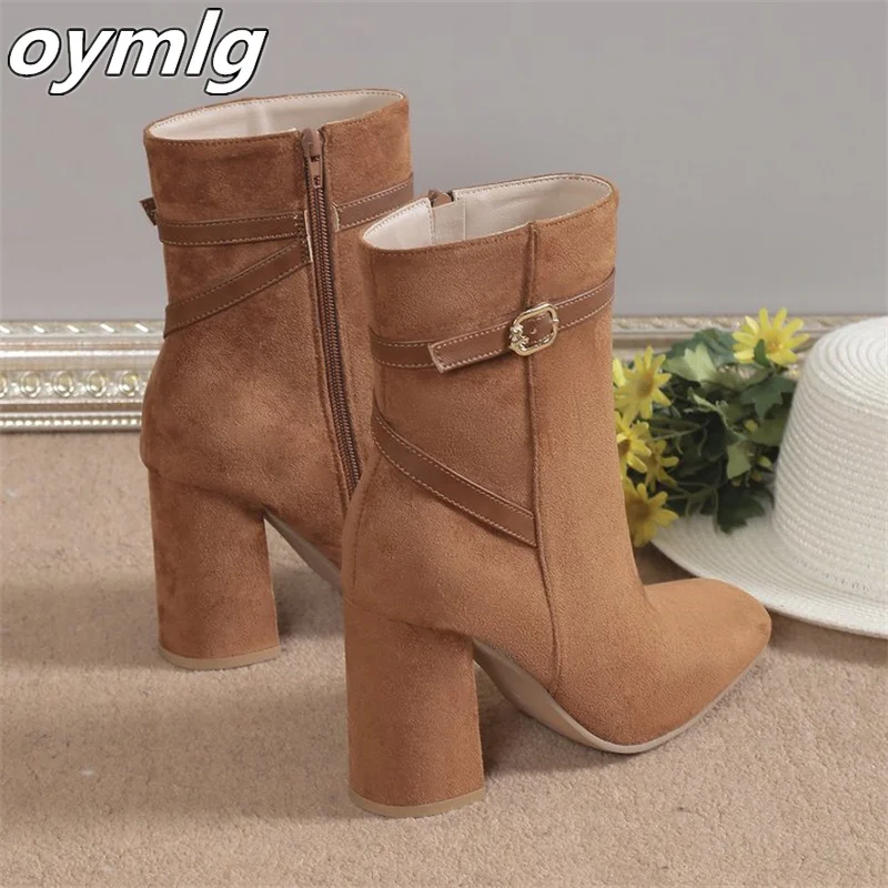 Winter New Fashion Boots Women's Temperament Pointed Suede Belt Buckle Thick Heels High Heels Large Size Short Boots Wholesale