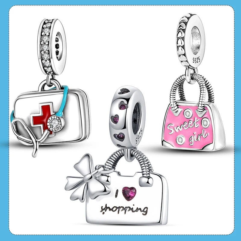 women handbag dangle charm 925 sliver pendant pink enamel travel shopping bag beads fit original brand bracelet gift