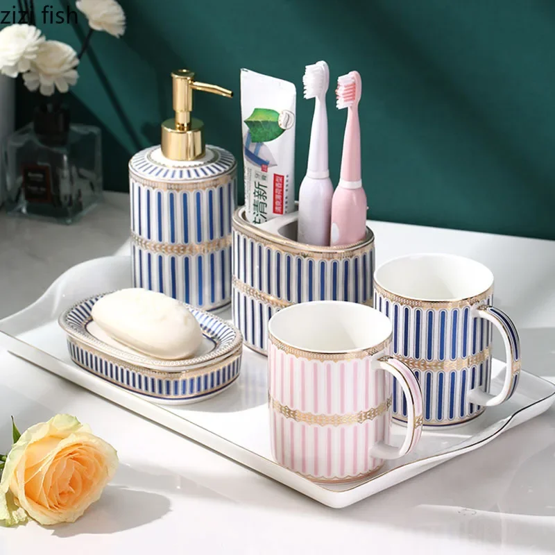 Blue and White Stripes Bathroom Decoration Accessories Ceramic Toothbrush Holder Portable Soap Dispenser Mouth Mug Bath Supplies