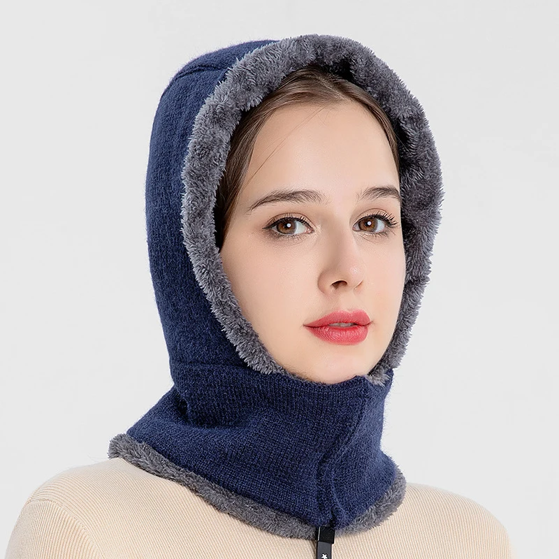 Women Winter Keep Warm Hat with Scarf Fleece Lining Pullover Cap for Outdoor Cycling Knitted Neck Gaiter Hoodie with Face Mask 2