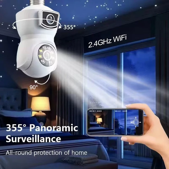 4K 8MP E27 Bulb WiFi Camera Dual Lens Dual Screen Auto Tracking Two Way Audio Color Night Vision Outdoor Security Camera 4