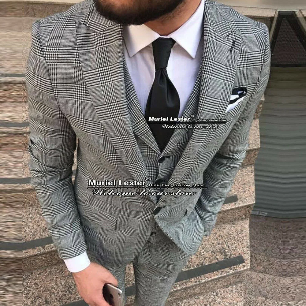 Spring/Autumn Grey Plaid Mens Suits Business Check 3 Pieces Jacket+Vest+Pants Male Clothing Groom Blazer Custom Made Ropa Hombre |