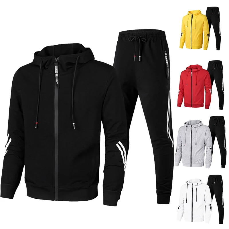 New Men's Sports Suit Solid Color Sportswear Autumn Hoodies Jacket Pants 2-Piece Jogging Trousers Casual Outdoor Clothing