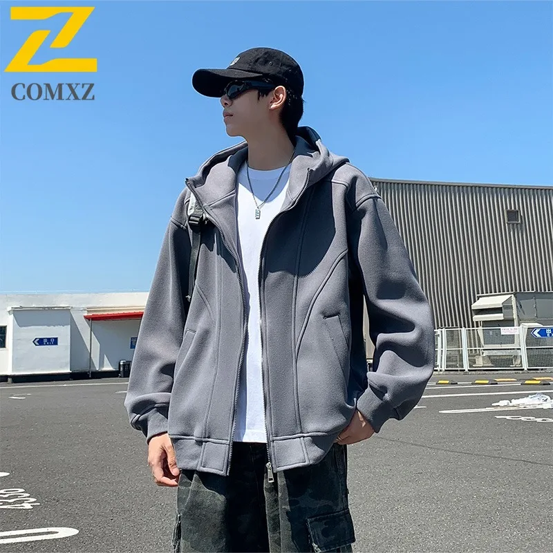 COMXZ Men American Streetwear Lazy Style Heavyweight Hoodie Zip Up Jacket Spring Autumn Top Loose Fit Casual Hooded Cardigan Top