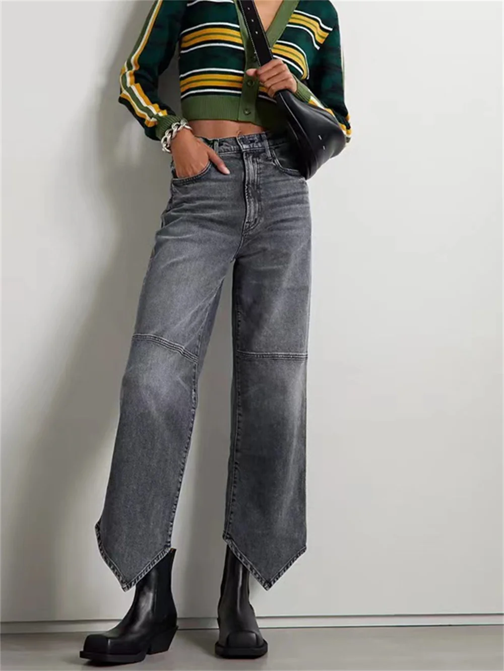 

Women Back Pockets Embroidery Pointed Hem Pants 2023 Summer New Ladies All-Match High Waist Grey Straight Ankle-length Jeans