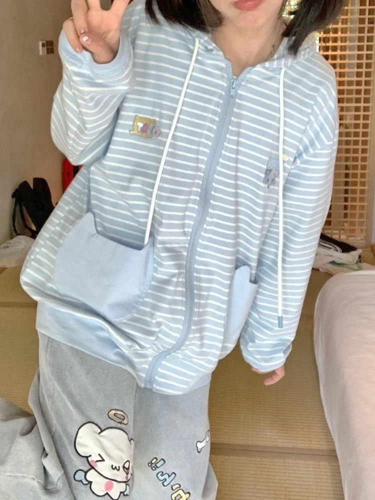 HOUZHOU Y2k Harajuku Kawaii Striped Hoodie Women Korean Fashion Cat Embroidery Zip Up Oversized Sweatshirt Preppy Autumn 2023