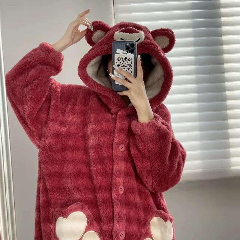 Cartoon Animal Flannel Bath Robe Sleepwear Women Bathrobe Nightgown Thick Warm Robe Winter Cosplay Bear Plush Pajamas Nightdress