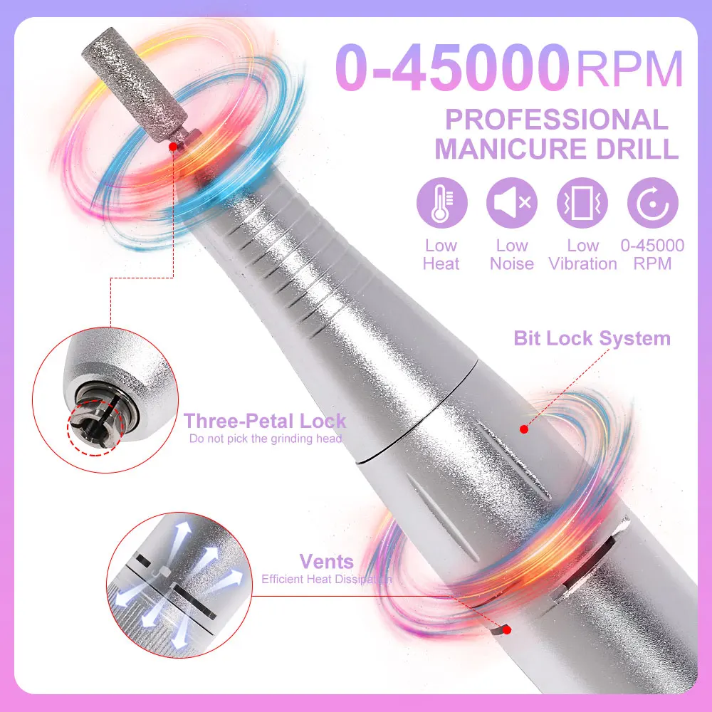 Rechargeable Nail Drill Machine with LCD Display Low Noise, Professional Nail Polish Grinder Nail Accessories Set 2